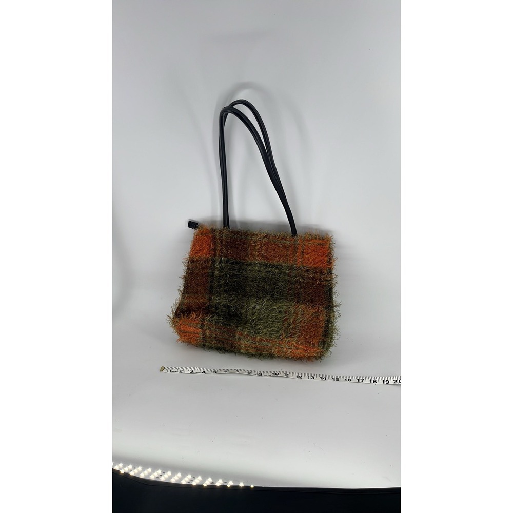 Vintage Fuzzy Eyelash Knit Plaid Tote Bag Orange Green Shaggy Shoulder Purse